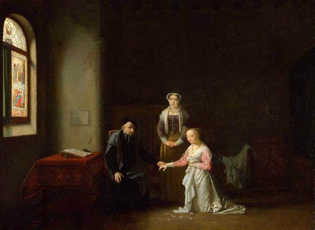 Jeune femme agenouillée devant un prêtre