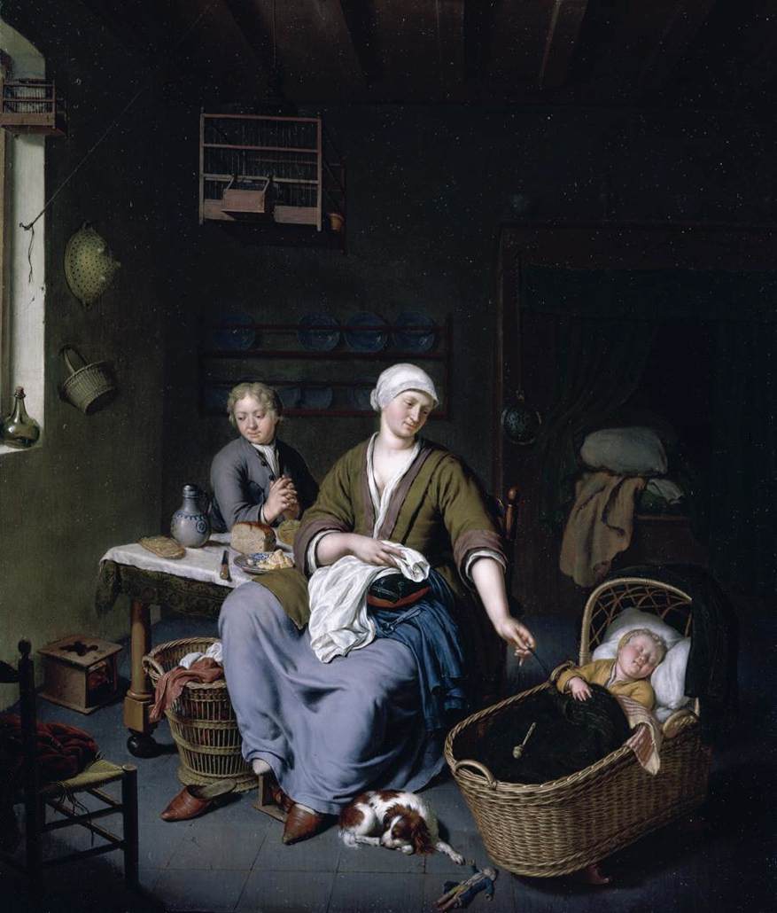 Intérieur avec une mère s'occupant de ses enfants