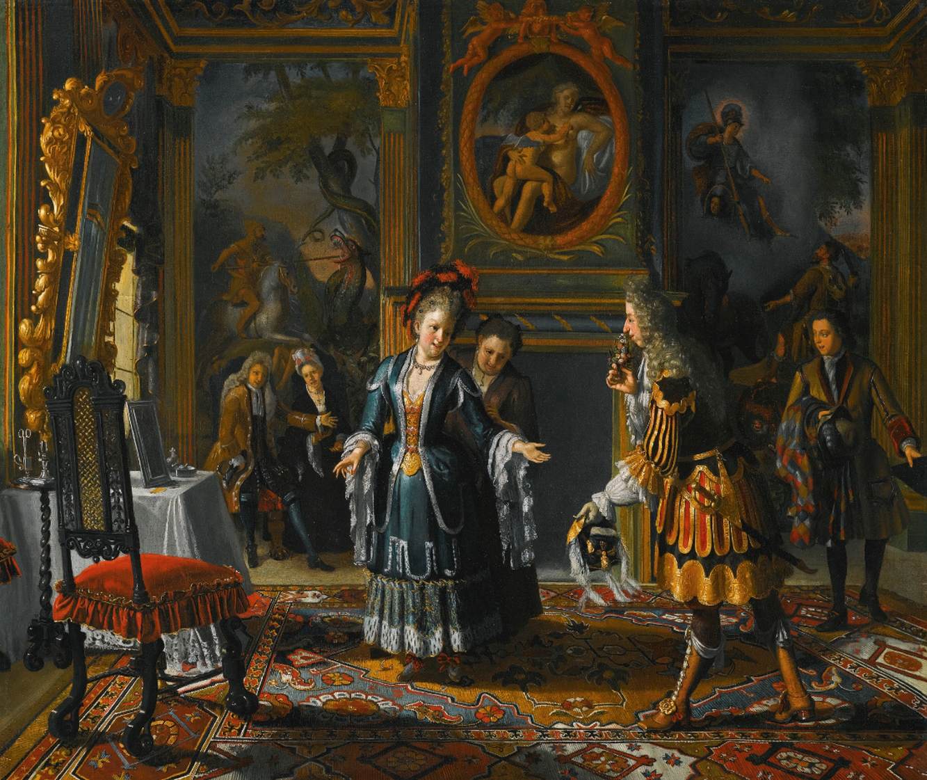 Intérieur avec une dame élégante recevant un prétendant
