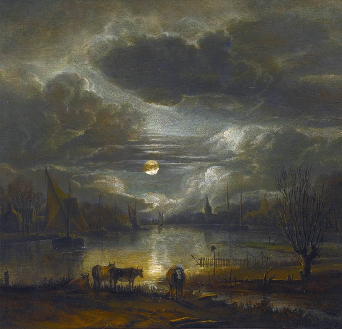 Vaste paysage fluvial au clair de lune avec quatre vaches