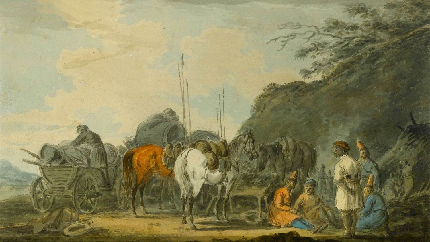 Cosaques au repos avec leurs chevaux