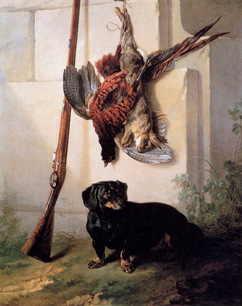 Chien avec fusil et gibier mort