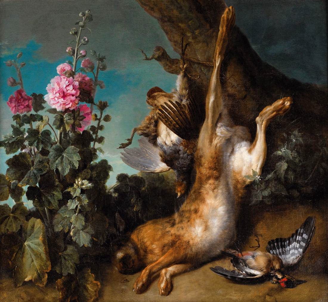 Nature morte avec une perdrix, un lièvre et une rose trémière