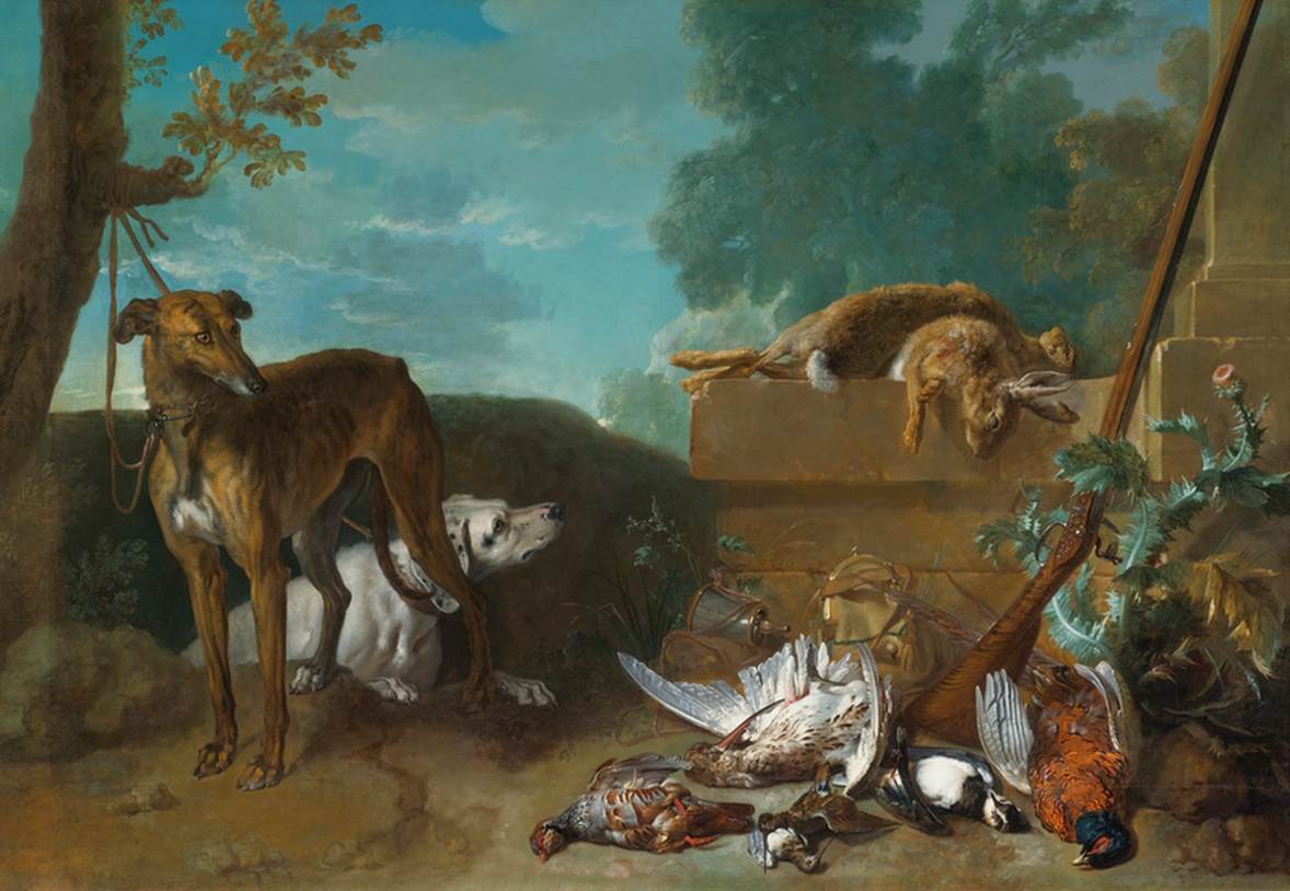 Deux chiens de chasse avec lièvres et oiseaux de gibier