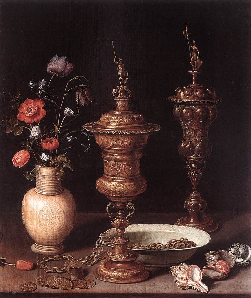 Nature morte aux gobelets, fleurs et coquillages