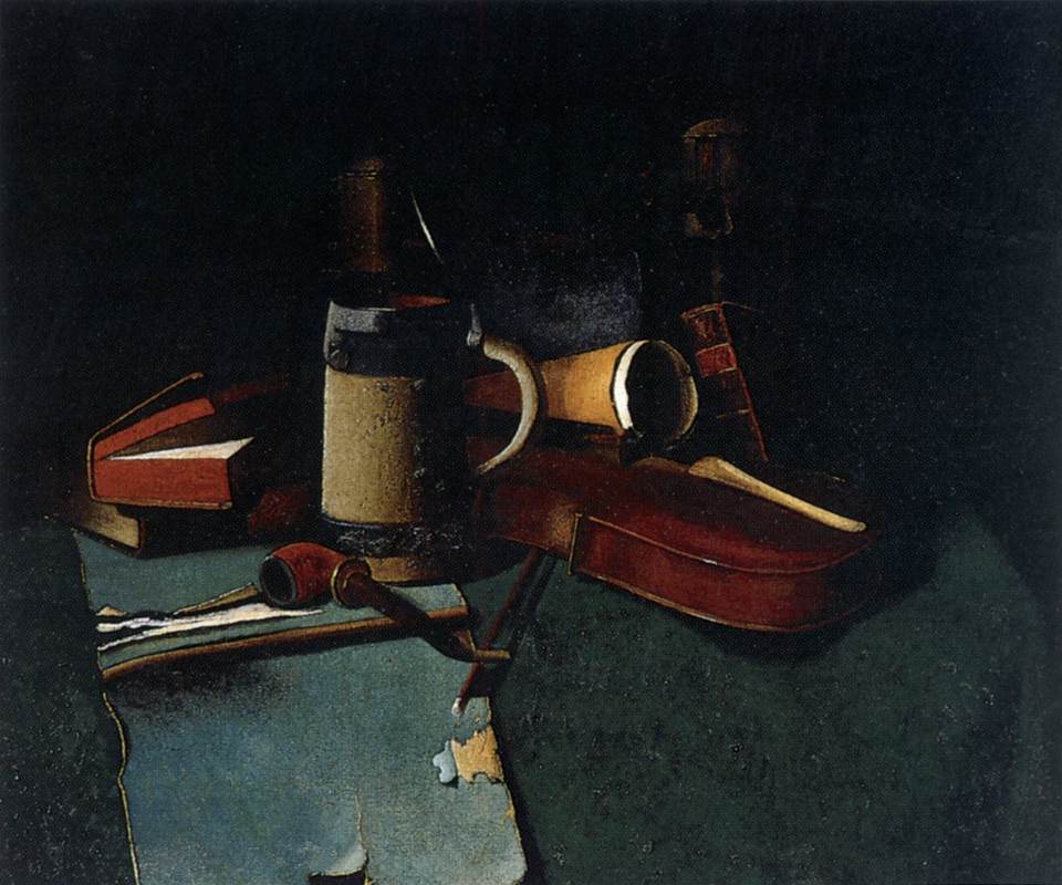 Livres, chope, pipe et violon