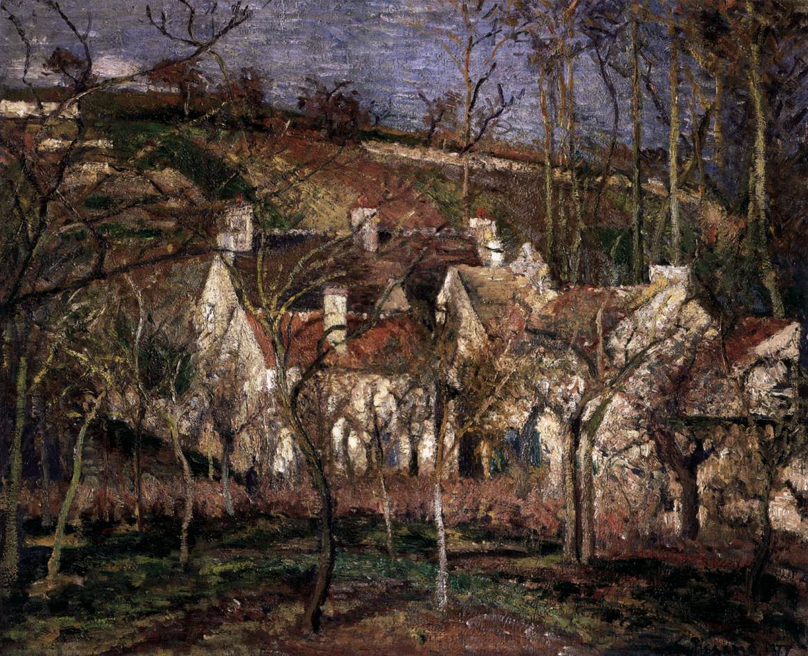 Les toits rouges, vue d'un village en hiver