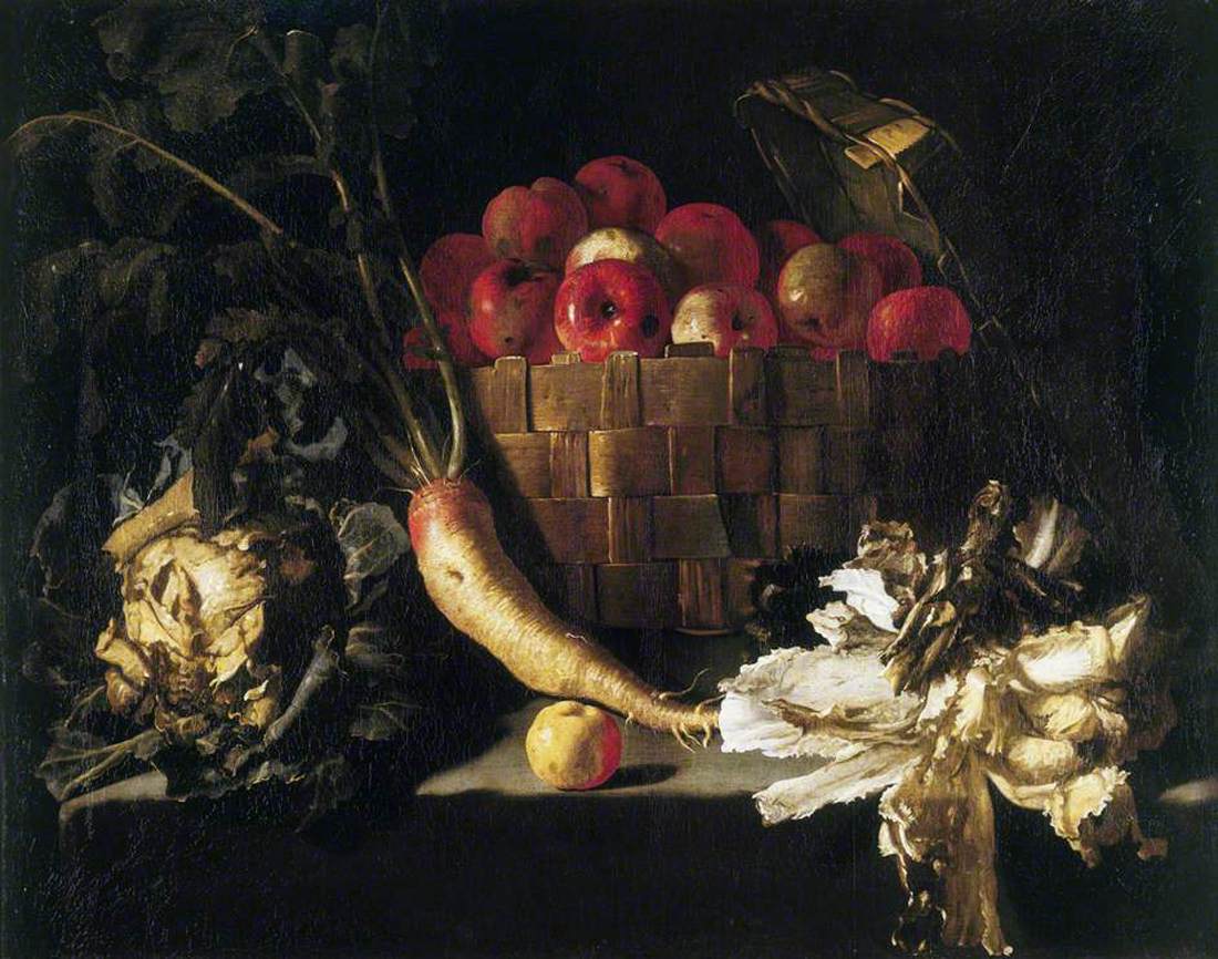 Nature morte aux pommes, chou, panais et laitue