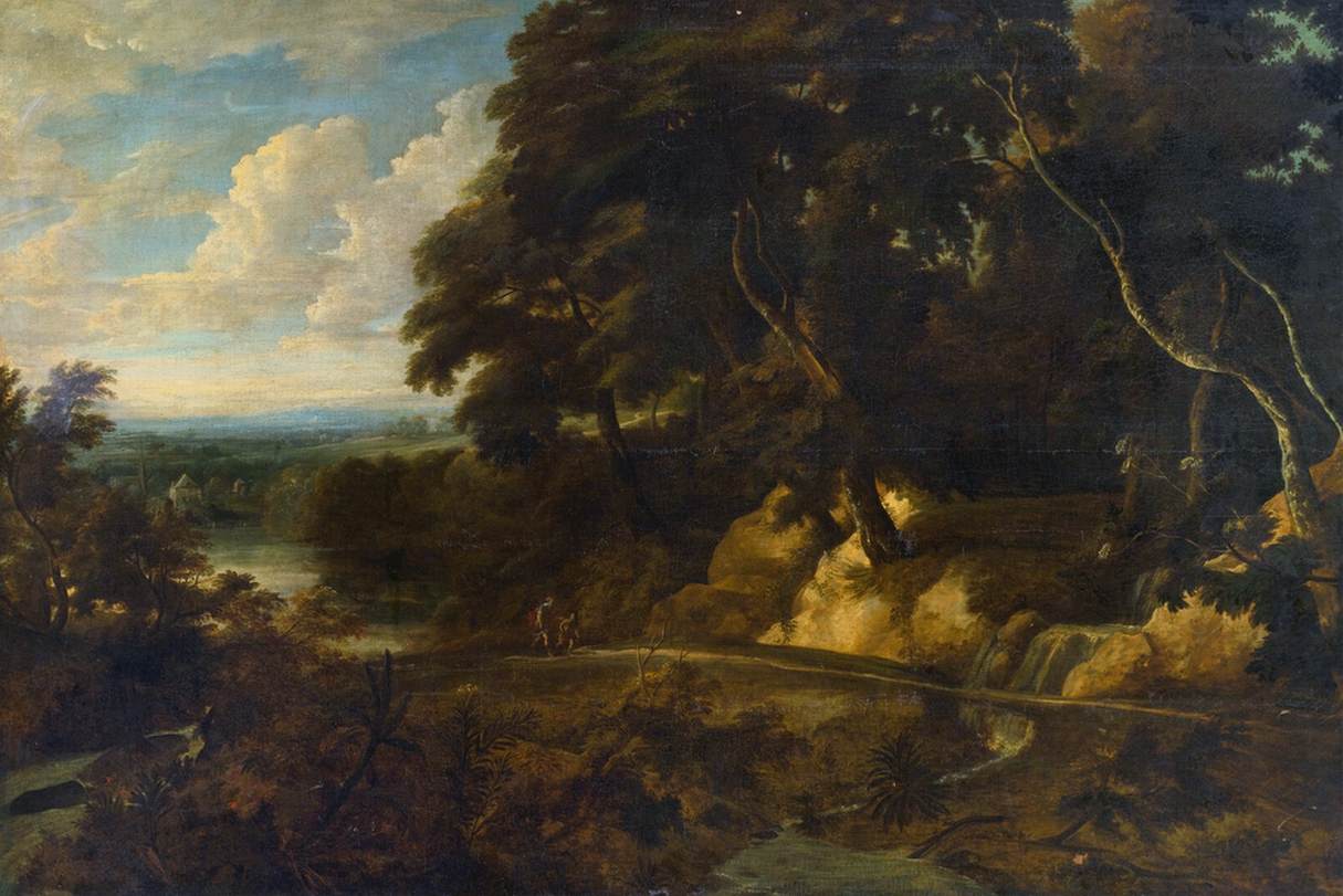 Un vaste paysage avec des personnages le long d'un sentier