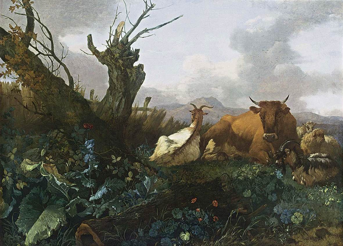 Vaches, chèvres et moutons dans un pré