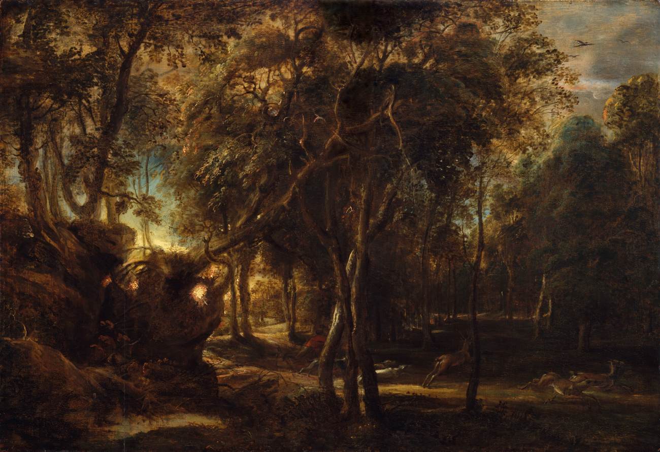 Une forêt à l'aube avec une chasse au cerf