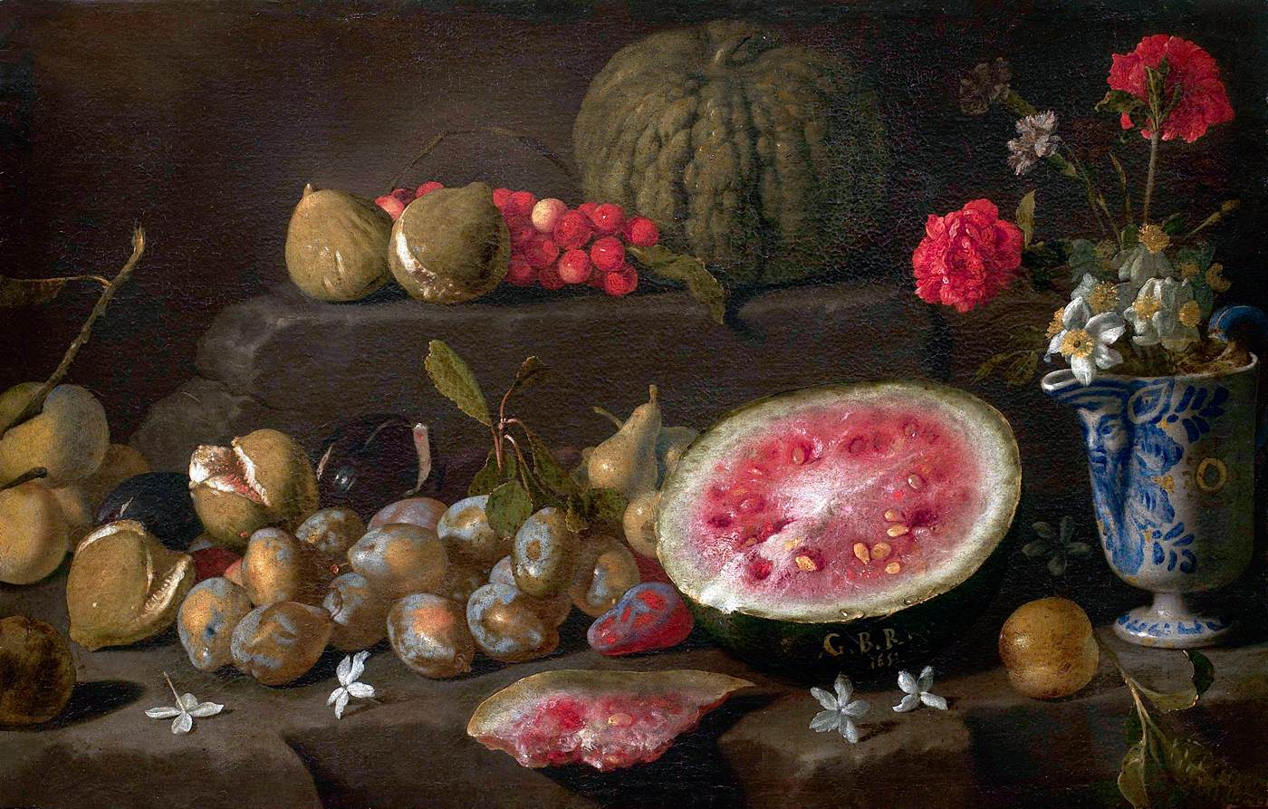 Nature morte aux fruits et au vase de fleurs