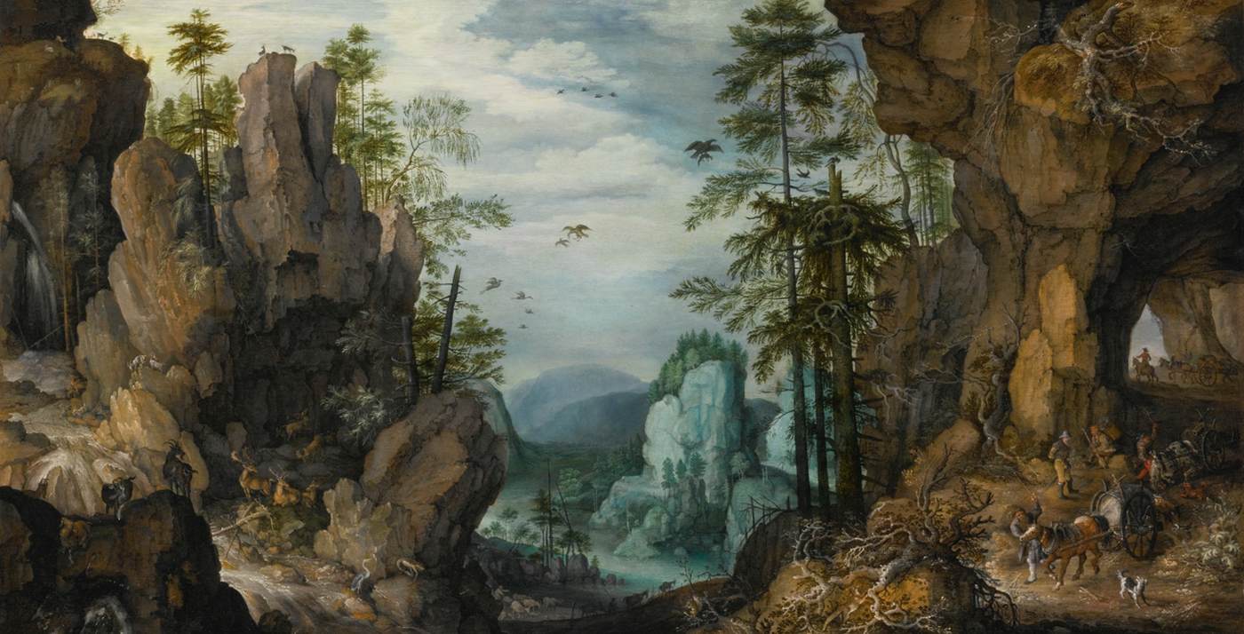 Paysage rocheux avec des voyageurs