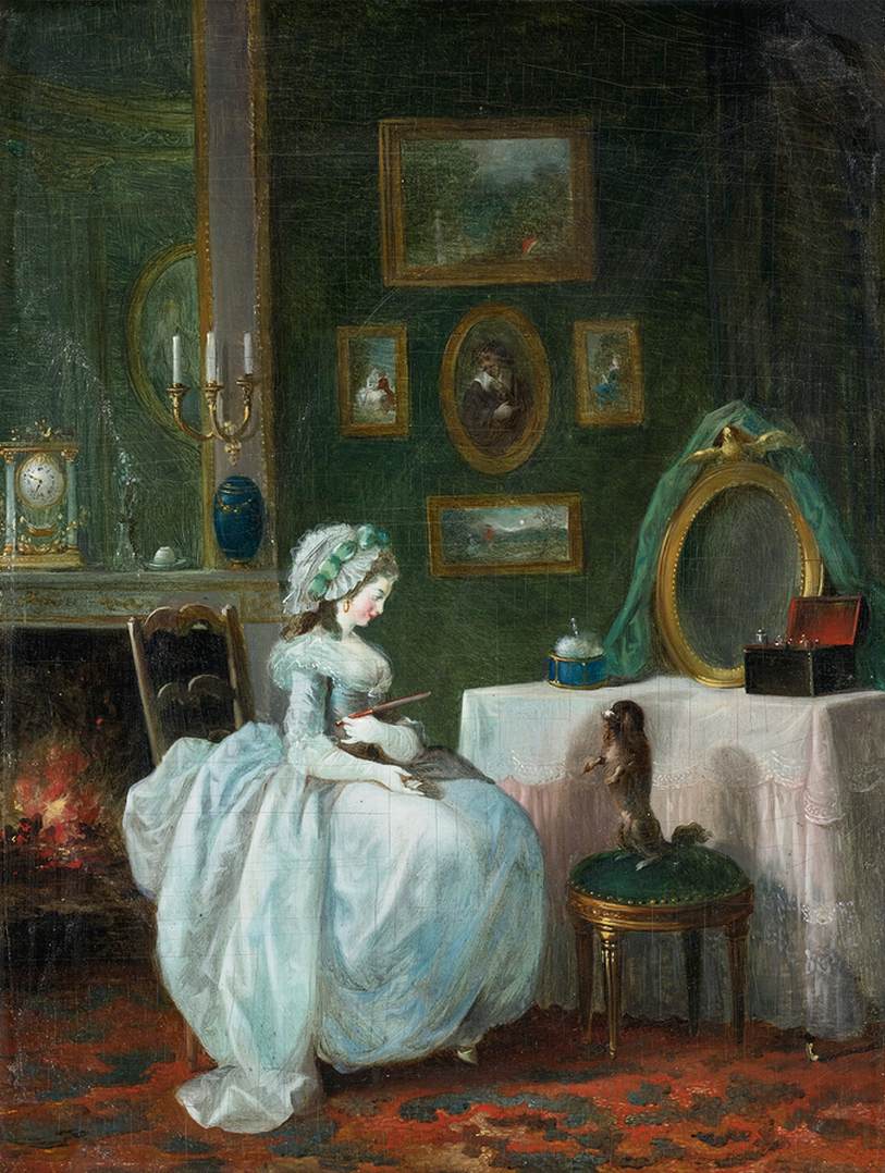Dame à sa toilette avec un chien