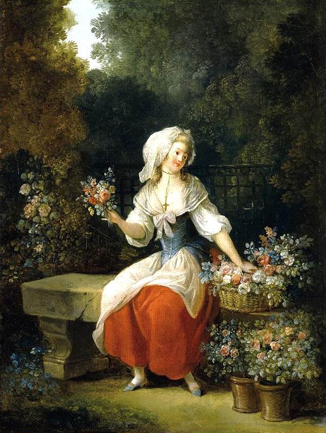 Vendeuse de fleurs en tablier rouge