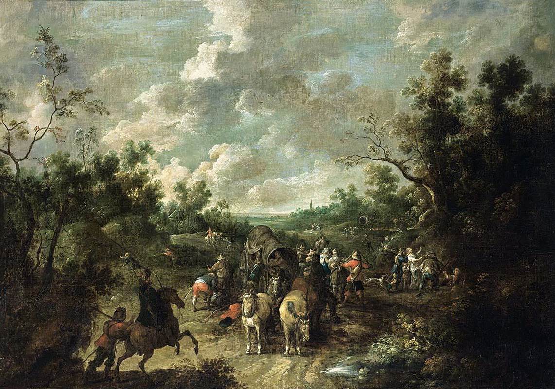 Paysage boisé avec des voyageurs