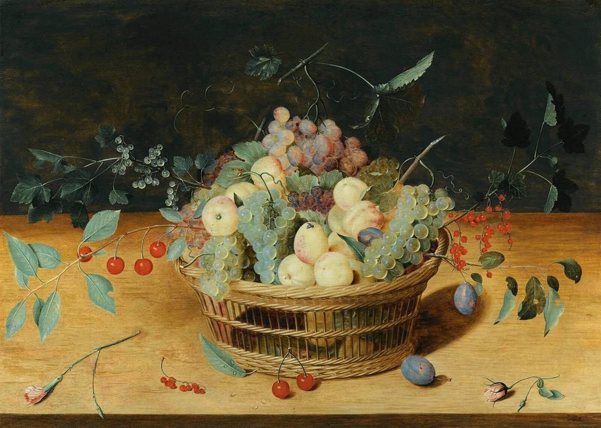 Nature morte de fruits dans un panier sur un rebord