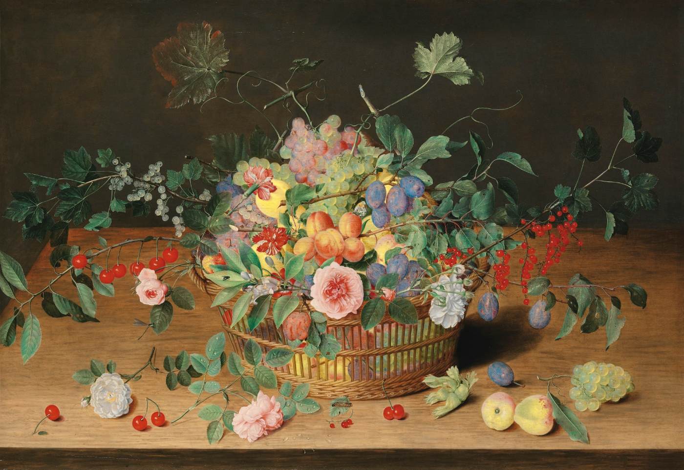 Nature morte avec un panier de fleurs et de fruits
