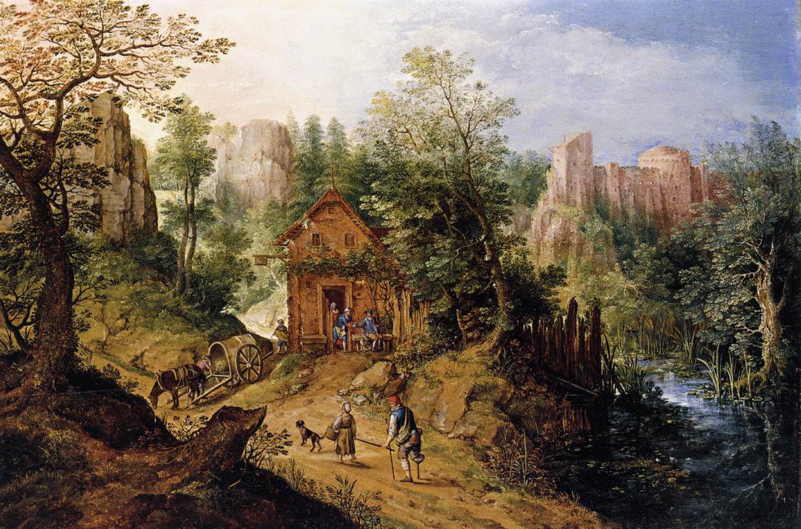 Vallée montagneuse avec auberge et château
