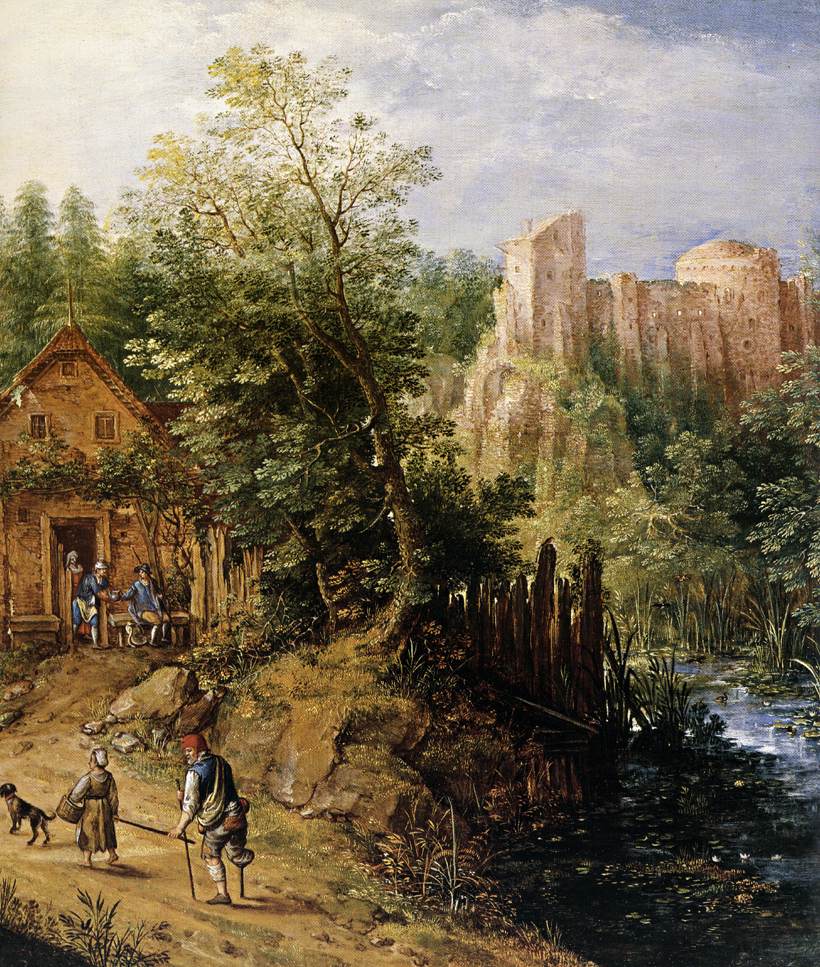 Vallée de montagne avec auberge et château (détail)
