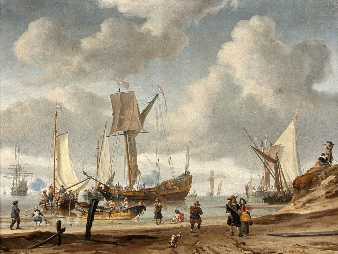 Marine avec vue d'une plage animée par des personnages