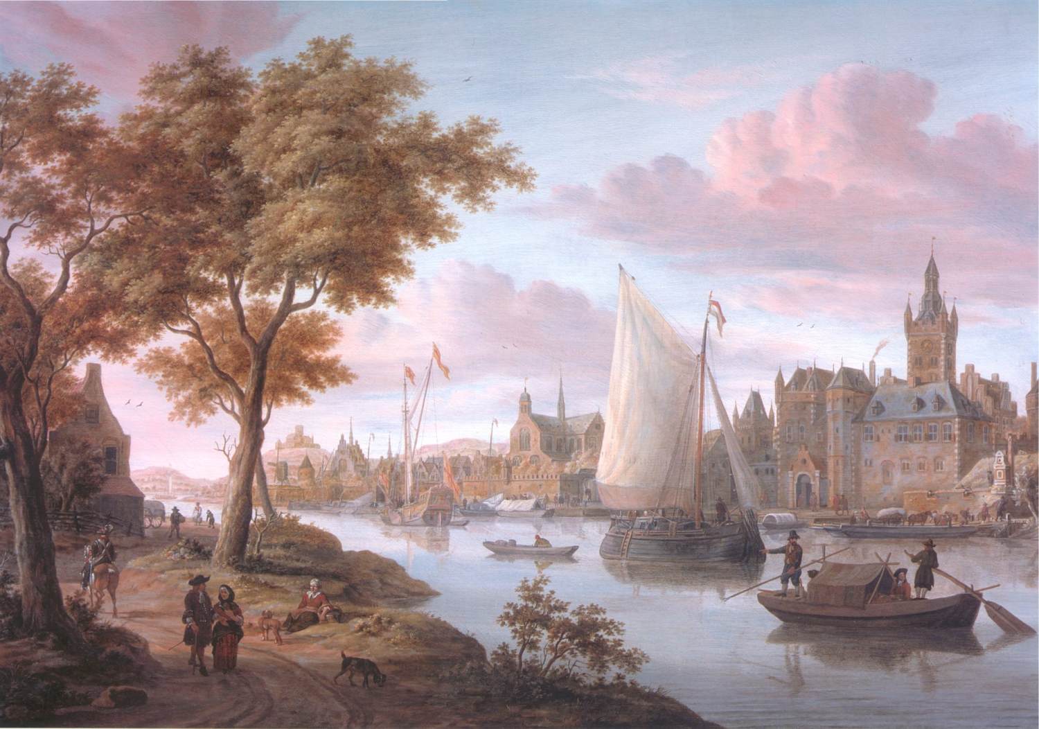 Paysage fluvial avec une ville à l'arrière-plan