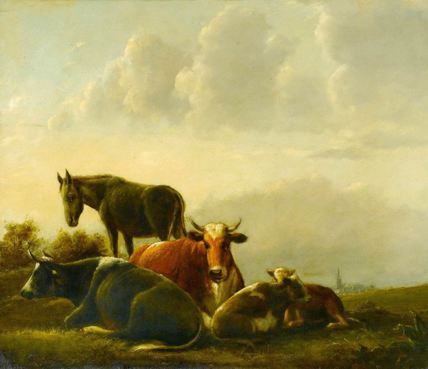 Bétail et un âne dans un paysage