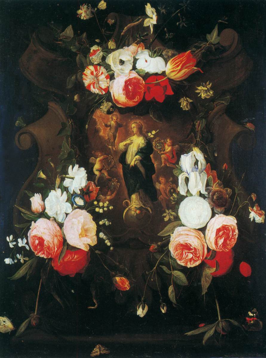 Guirlandes de fleurs entourant l'Immaculée Conception