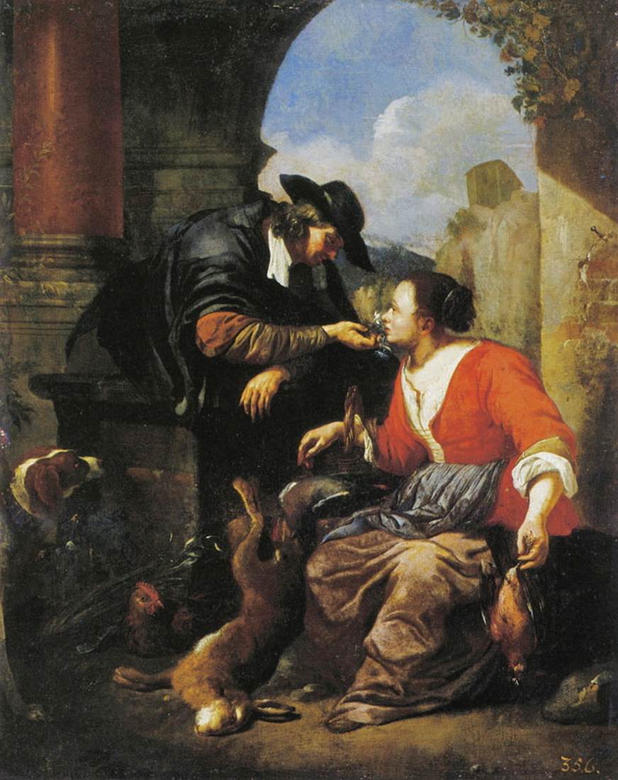 Un homme courtisant une femme qui vend du gibier