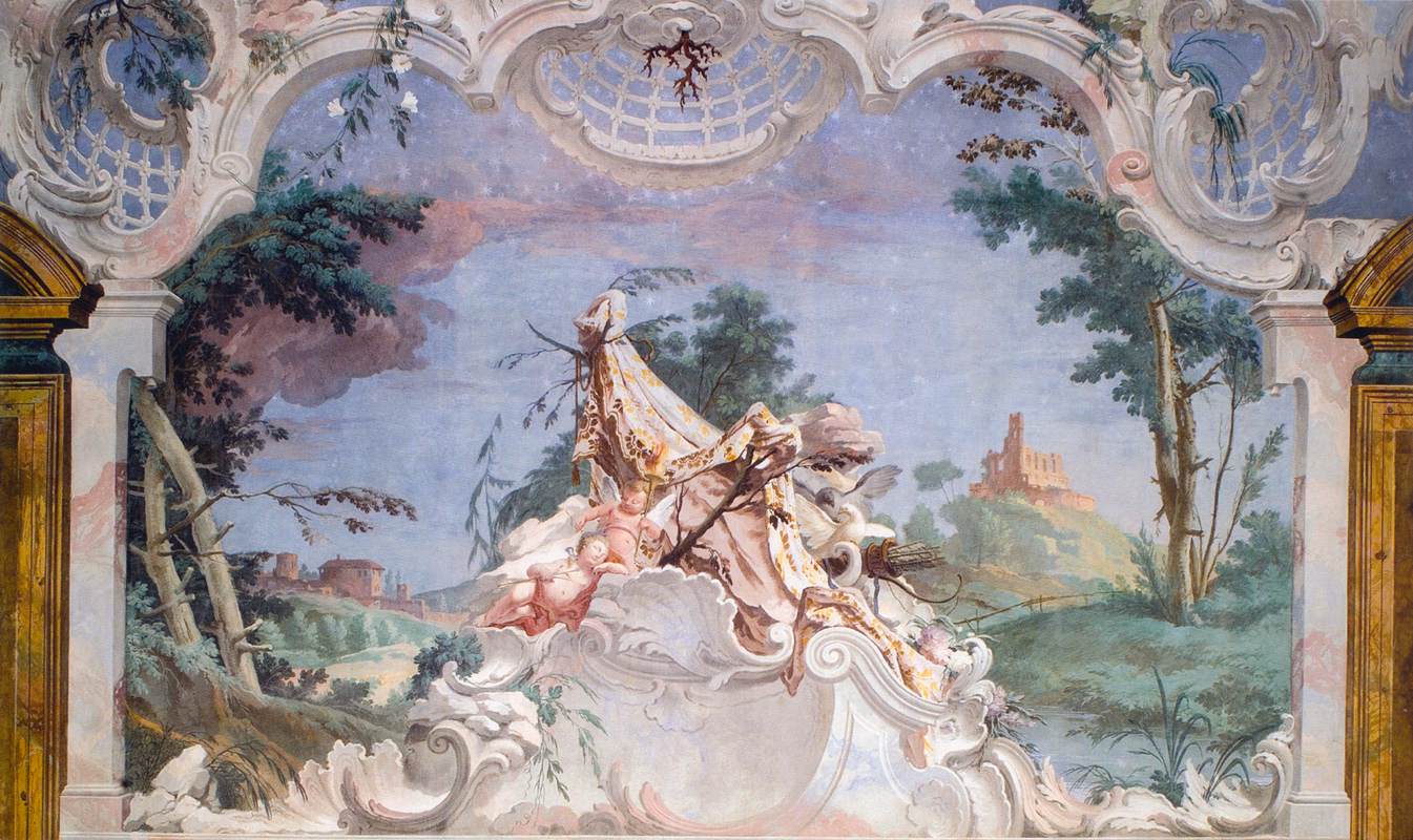 Éros endormi avec un putto et des colombes dans un paysage étoilé