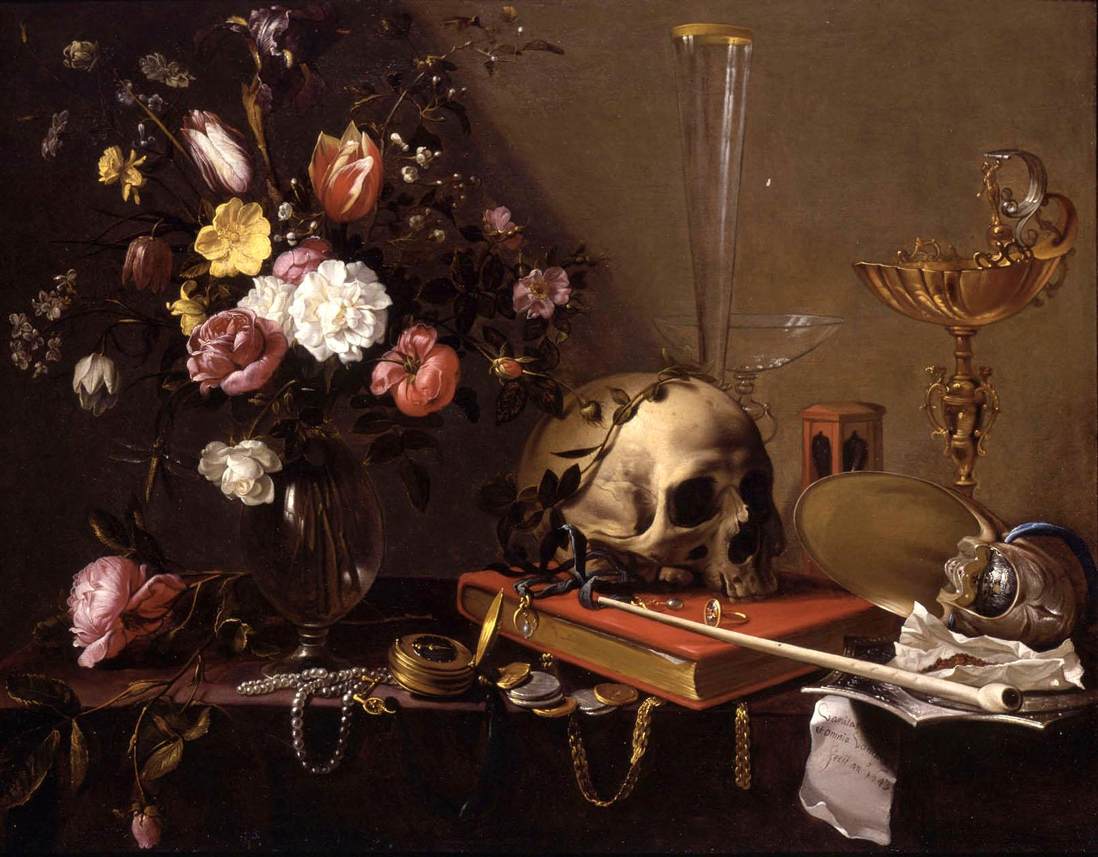 Nature morte vanité avec un bouquet et un crâne