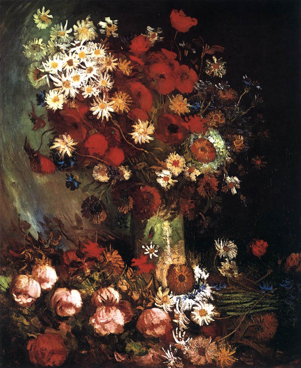 Vase de coquelicots, bleuets, pivoines et chrysanthèmes