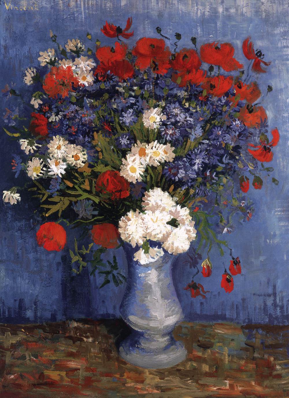 Vase avec bleuets et coquelicots