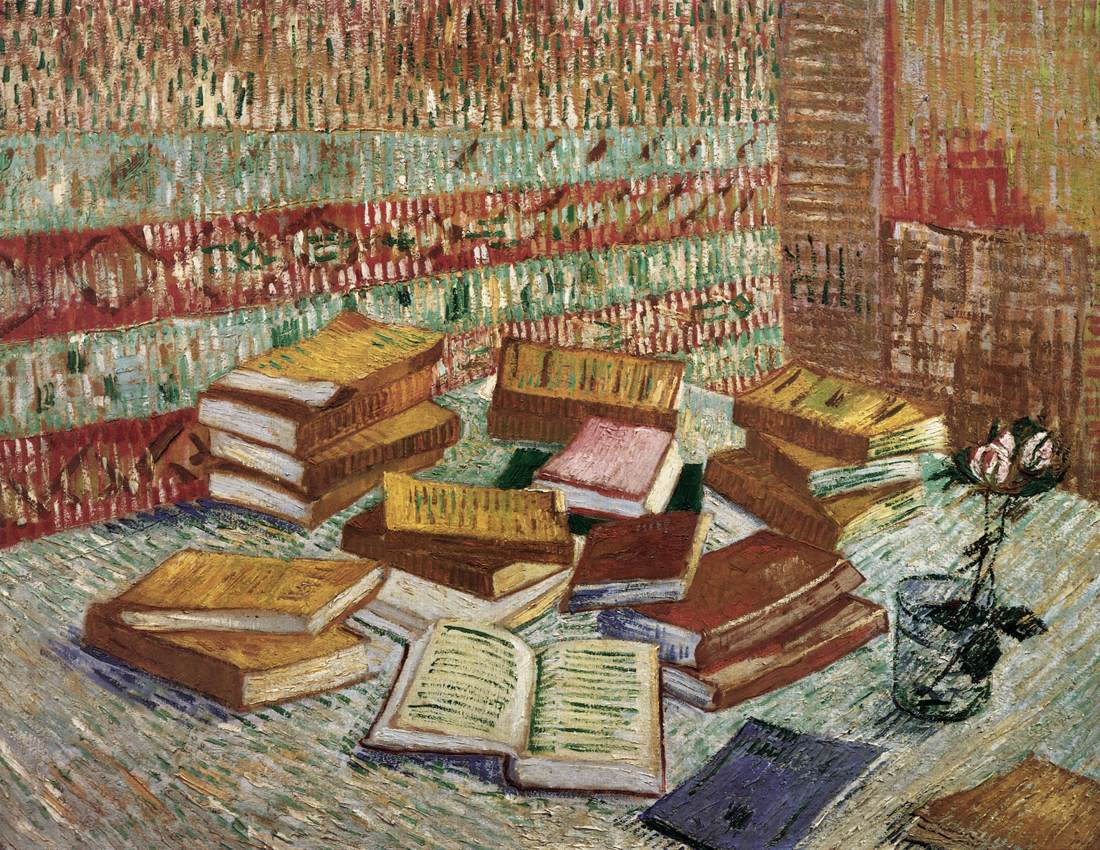 Nature morte avec romans français et une rose