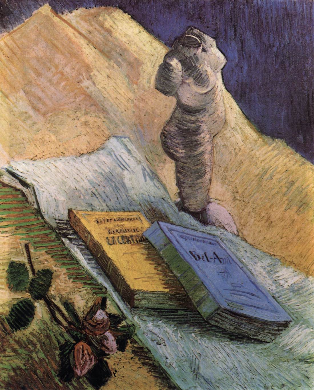 Nature morte avec une statuette plaquée, une rose et deux romans
