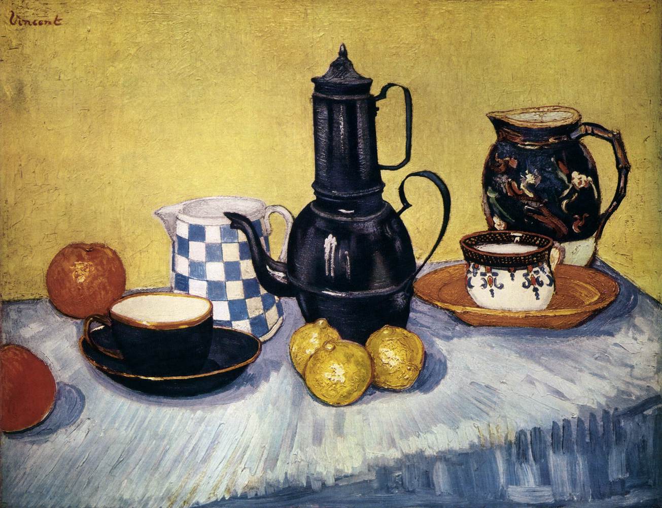 Nature morte avec cafetière en faïence et fruits