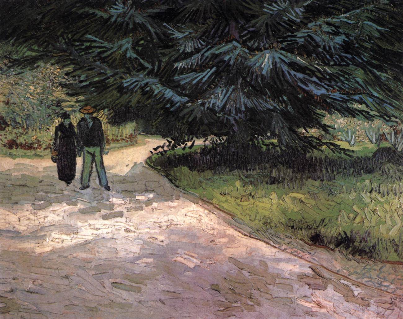 Jardin public avec un couple et un sapin bleu : Le jardin du poète III