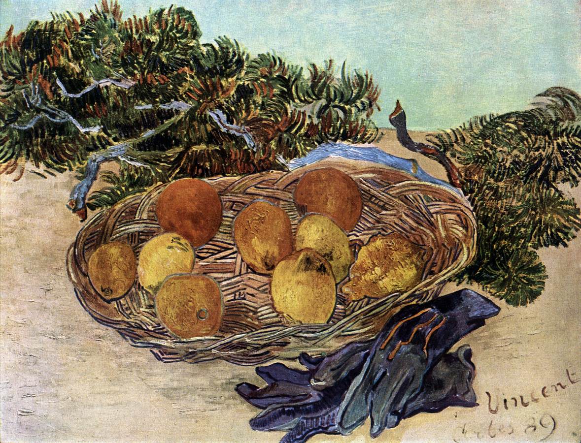 Nature morte : oranges, citrons et gants bleus