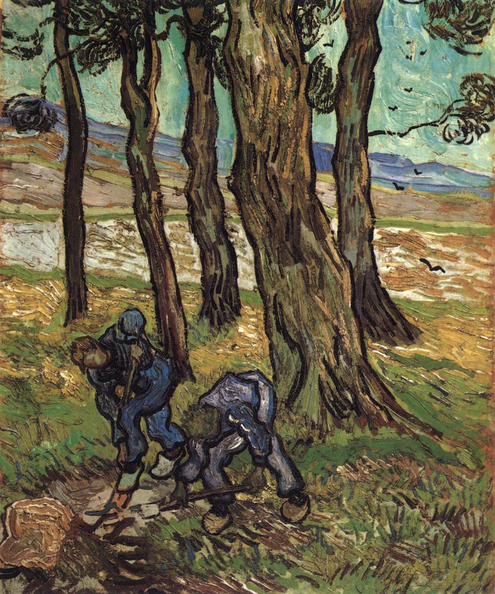 Deux bêcheurs parmi les arbres
