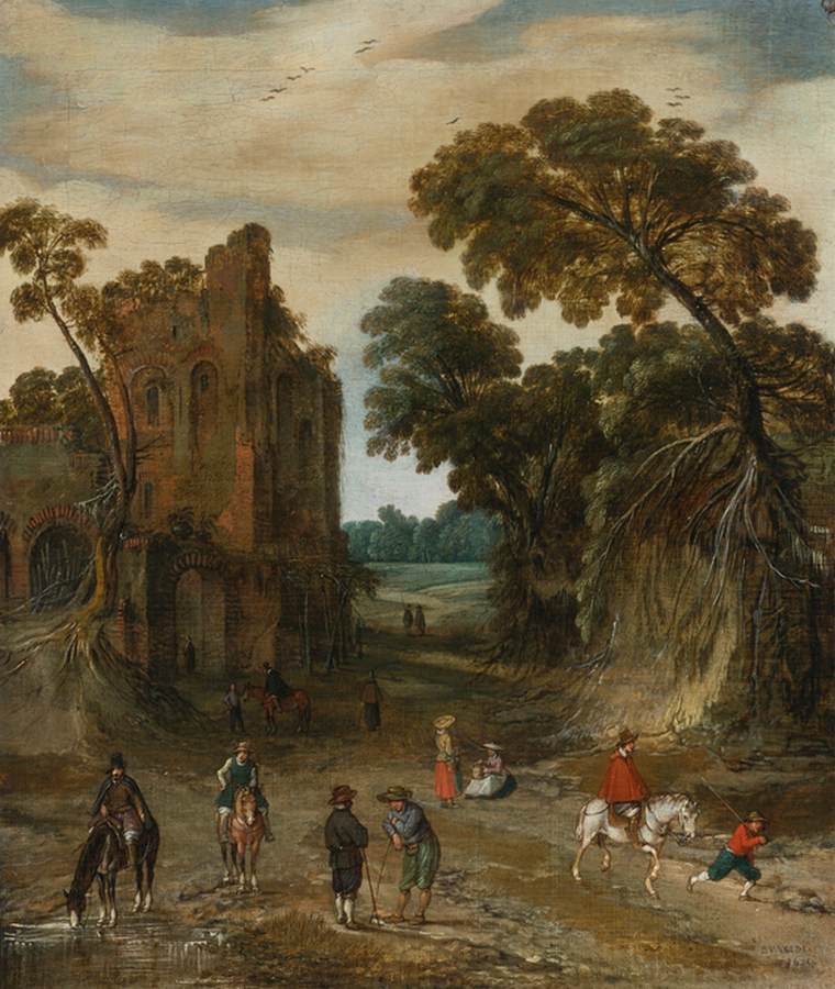 Cavaliers sur un chemin entre des ruines et une haute berge