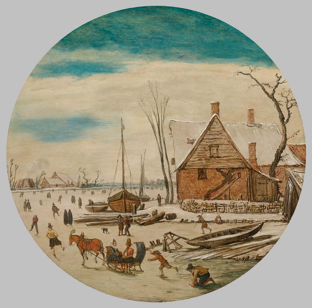 Paysage d'hiver avec patineurs et une ferme