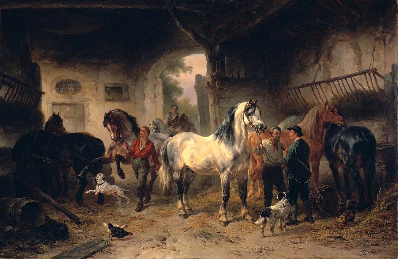 Intérieur de grange avec chevaux et personnages