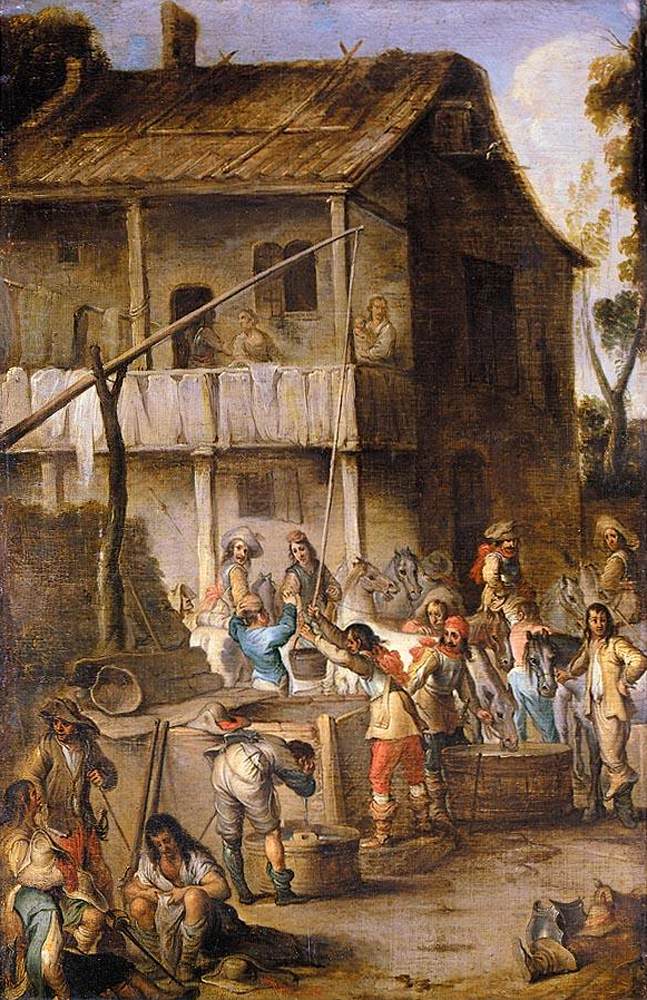 Soldats devant une taverne