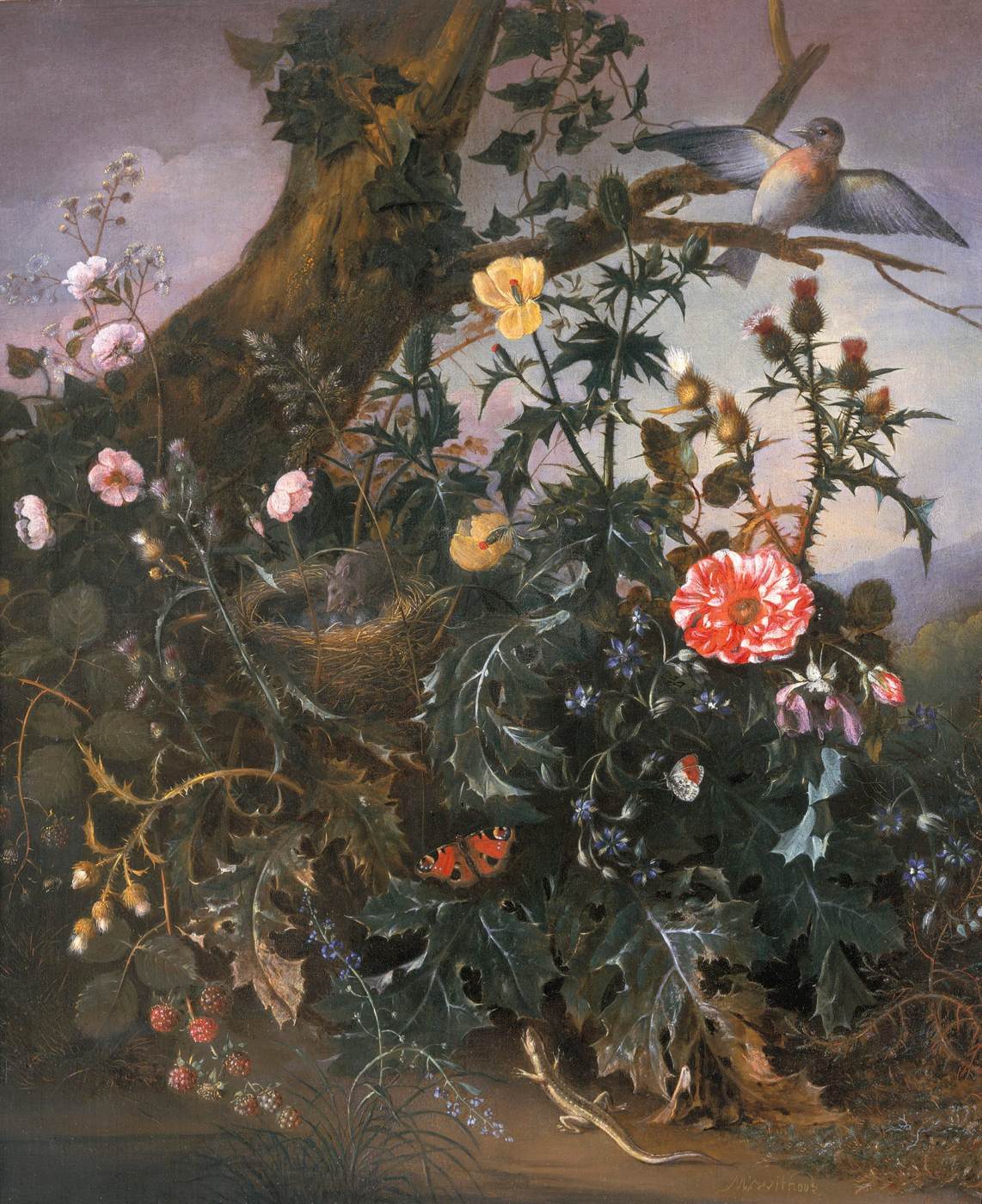 Nature morte de sous-bois avec une souris, un chardonneret et une salamandre