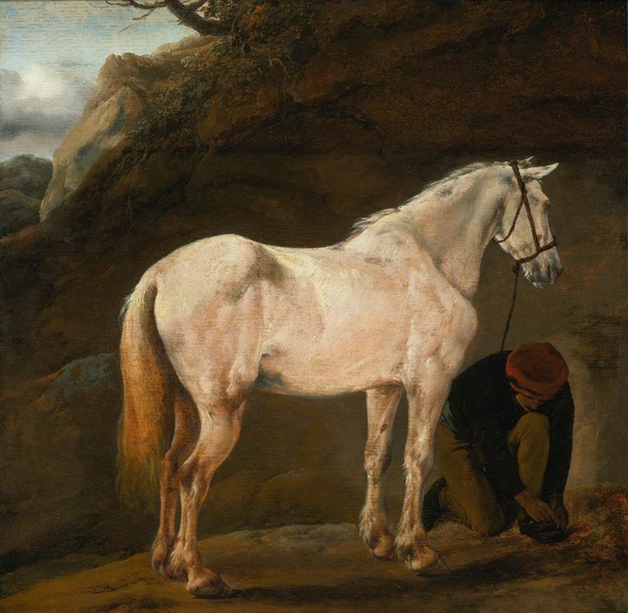 Cheval blanc dans un paysage avec un palefrenier