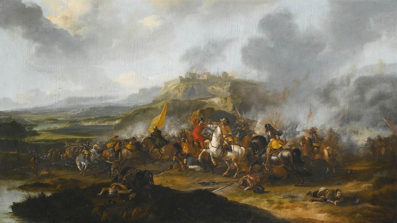 Une bataille de cavalerie devant une ville fortifiée sur une colline
