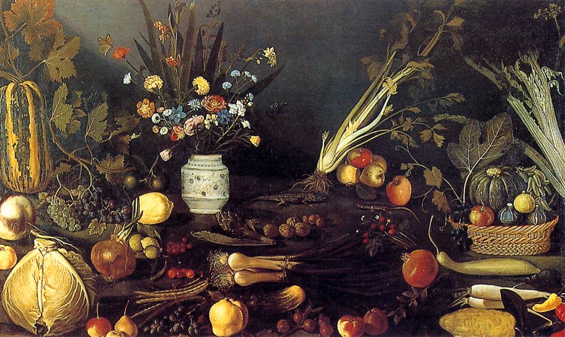Fleurs, fruits, légumes et deux lézards